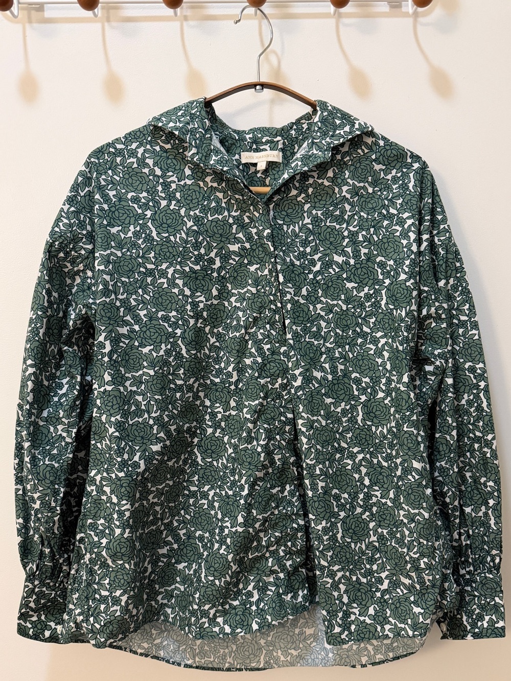 Ann Mashburn Green Floral Popover Blouse Shirt Women’s size Small